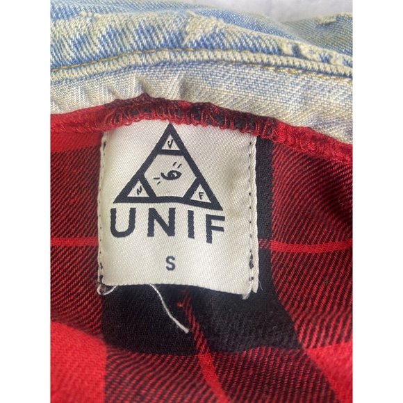 UNIF Womens Small Denim Jean Button Up Front Vest Distressed Destroyed Patches - Picture 7 of 12